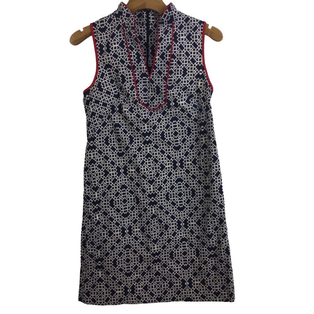 Eliza J Split Neck Geometric Print Sleeveless High Collar Woven Shift Dress Sz 6